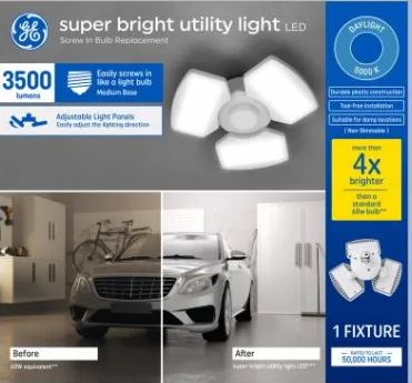 GE Lighting LED Super Bright Utility Light Fixture, 3 Adjustable Panels, Medium Base, 3500 Lumens, 35 Watt (Medium Base - 3500 Lumens - 35 Watt)