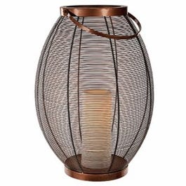 Patio Lantern, Oval Metal Wire Basket, LED Flameless Candle, 16-In.