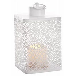 Patio Lantern, Matte White Filigree, LED Flameless Candle, 9-In.