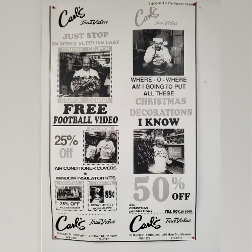 Vintage advertisement poster for Carl's True Value, featuring promotions like a free football video, 25% off on products, and 50% off Christmas decorations. Contains black-and-white photos of people shopping, with playful slogans highlighting deals. Tone is nostalgic and promotional.