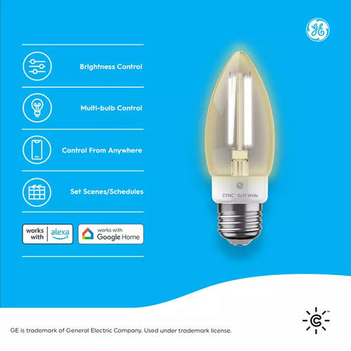 GE Lighting GE Cync Smart LED Light Bulb, Soft White Decorative Candle Light, Works with Alexa and Google Home, Medium Base