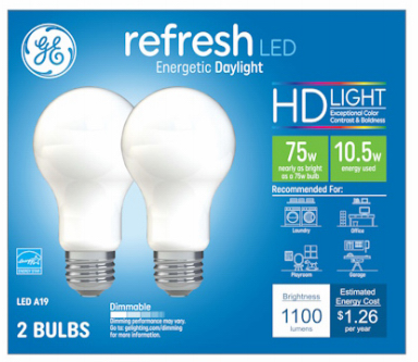 GE Lighting Refresh HD+ LED Light Bulb, Daylight, Medium Base, 10.5 Watt, 2-Pk.